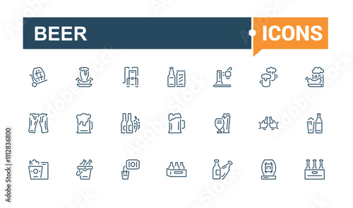 Beer icons in linear style. Featuring cup, symbol, supplements, icons, shot glass. Outline icon collections. Vector icons editable stroke.