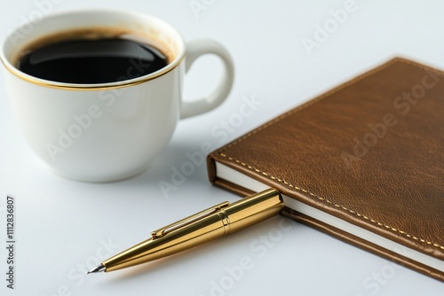 Enjoying a warm cup of coffee beside a leather bound notebook and gold pen in...