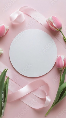 Elegant tulips and ribbon arranged around a blank circular card on a soft pin...