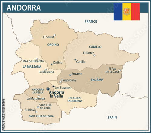Andorra Map Vector Vintage Dark Blue Beige - Customizable layered political map of Andorra with administrative divisions for website, education, reports, news, politics, print, poster and wallpaper