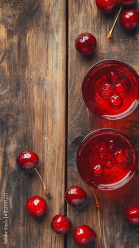 Refreshing cherry drinks served in clear glasses on rustic wooden table with ...