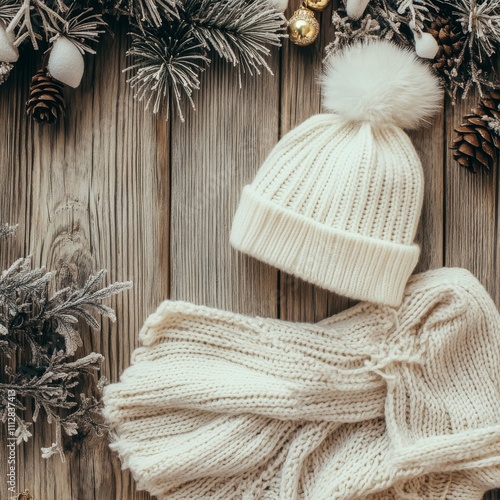 Warm winter accessories on a wooden table with festive decorations and pinecones