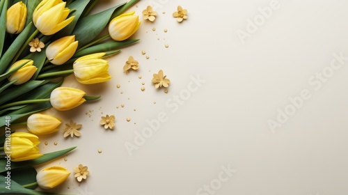Decorative Easter eggs and bunnies arranged on a light blue surface for festi...