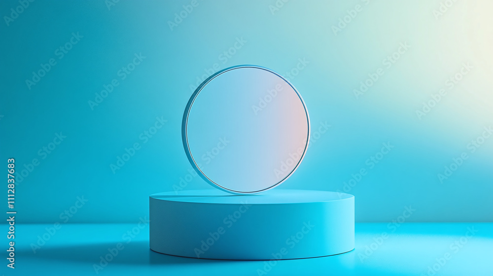 Floating Circular Object Illuminated With Soft Blue Light on a Pedestal in a Minimalistic Setup Floating Circular Object Illuminated With Soft Blue Light on a Pedestal in a Minimalistic Setup