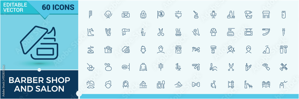 Set of Barber Shop and salon line icons. Containing hairstyling, brush, shaving, color, hairdresser, icon, coffee, equipment. Outline icon collections. Editable stroke. Vector illustration. Set of Barber Shop and salon line icons. Containing hairstyling, brush, shaving, color, hairdresser, icon, coffee, equipment. Outline icon collections. Editable stroke. Vector illustration.