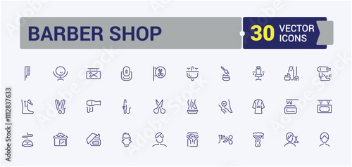 Barber Shop icon set. Contains such icons as comb, accessory, grooming routine, brush, hairdryer, haircut, styling and more. Minimalistic web and UI icons. Editable stroke.