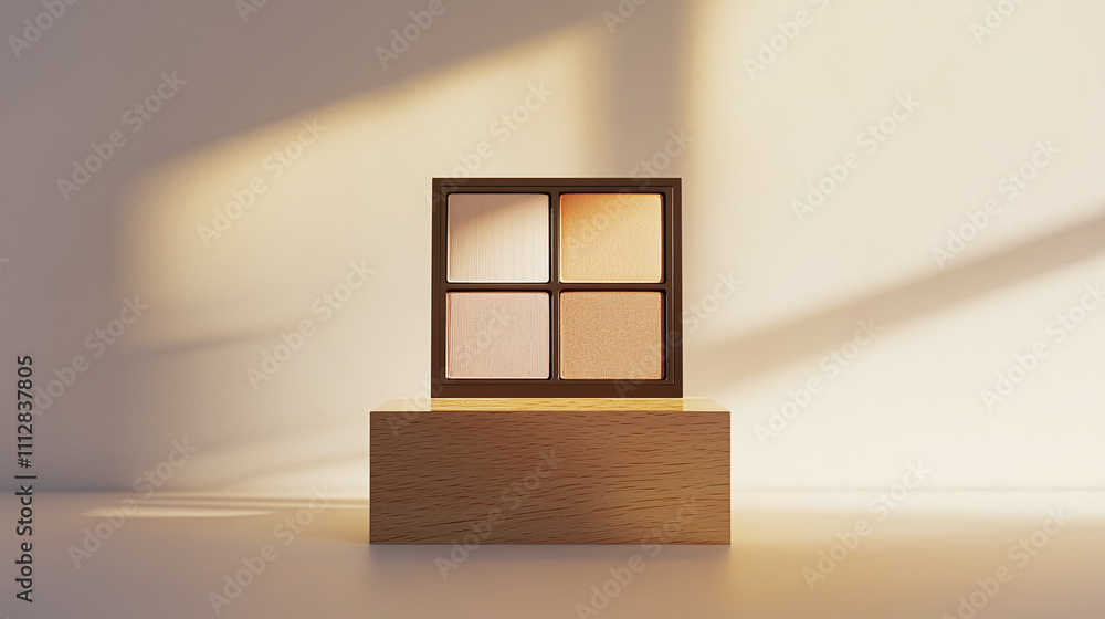 Elegant Display of a Minimalist Wooden Palette With Four Shades Arranged on a Wooden Pedestal, Capturing Soft Natural Light Elegant Display of a Minimalist Wooden Palette With Four Shades Arranged on a Wooden Pedestal, Capturing Soft Natural Light