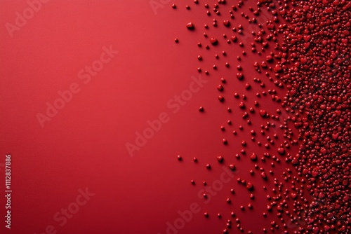 Bright red background with scattered red beads creating a bold visual contrast