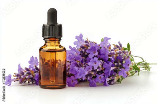 Purple essential oil bottle surrounded by lavender and floral decorations on ...