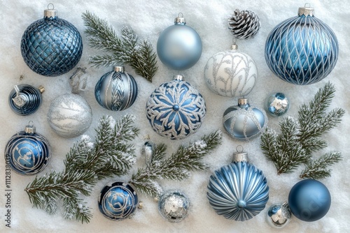 Decorative winter arrangement with blue and silver ornaments and pine cones o...