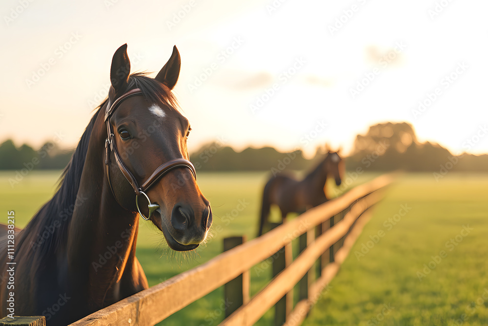 Obraz premium Two Dark Brown Horses Standing Gracefully Behind a Wooden Fence, Surrounded by a Rustic Countryside Setting