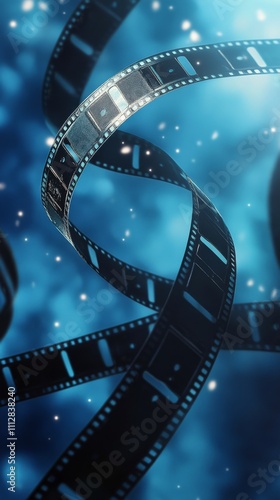 Film reels floating against a blue background showcasing light reflections an...