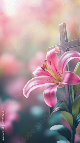Soft pink lilies bloom beside a wooden cross in a serene garden during spring...