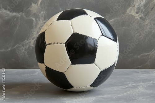 Traditional black and white soccer ball placed on a textured surface with gre...