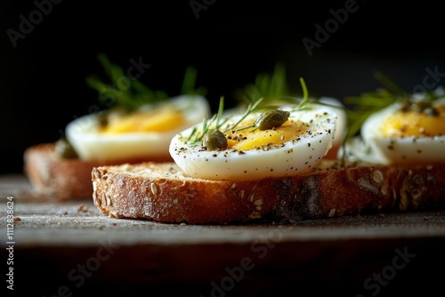 Delicious egg and caper tartines served on whole grain bread for a healthy snack