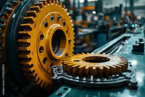 Close view of a large yellow gear in a factory during daytime operations