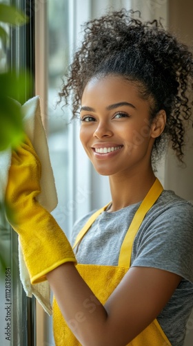 Woman cleaning window with a smile in a bright indoor space during the day