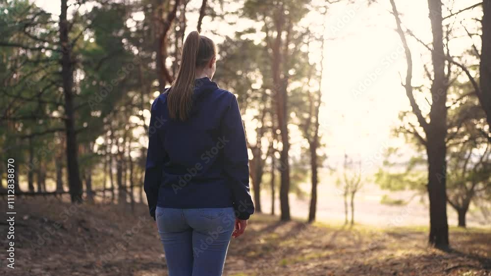 girl tourist walks through the forest. tourist trip concept. a young happy girl in a blue jacket walks through the spring forest with back view, and the glare of the sun tourist lifestyle. girl tourist walks through the forest. tourist trip concept. a young happy girl in a blue jacket walks through the spring forest with back view, and the glare of the sun tourist lifestyle.