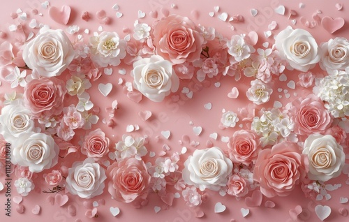 Beautiful pink roses with hearts create a romantic atmosphere for celebrations