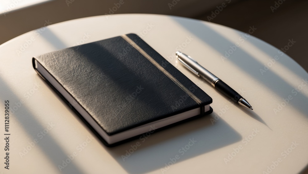 Elegant black notebook and pen resting on marble table in sunlight. Elegant black notebook and pen resting on marble table in sunlight.