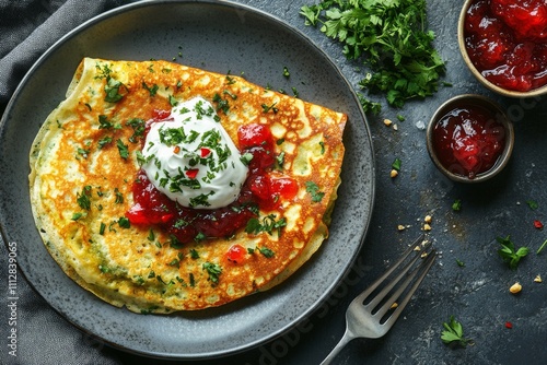 Delicious pancake topped with cream and fruit preserves on a dark plate with ...