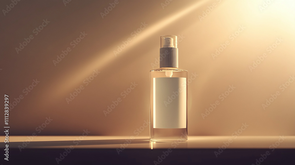 Elegant Glass Bottle Filled With a Clear Liquid Standing on a Surface Illuminated by Soft Golden Light Elegant Glass Bottle Filled With a Clear Liquid Standing on a Surface Illuminated by Soft Golden Light