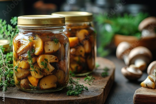 Mushrooms preserved in jars on wooden board garnished with herbs in rustic kitchen photo