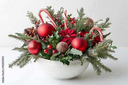 Beautiful holiday floral arrangement in a white bowl with festive decorations