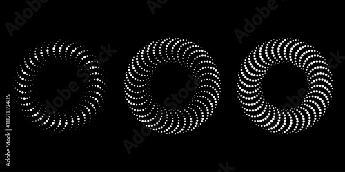 Set of white dotted shapes in circle form. Geometric art. Halftone dots. Trendy design element for logo, tattoo, sign, symbol, web, prints, posters, social media, template, pattern, background