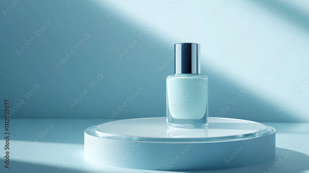 Elegant Nail Polish Bottle Displayed on a Minimalist Pedestal With Soft Blue Lighting Creating a Serene Atmosphere Elegant Nail Polish Bottle Displayed on a Minimalist Pedestal With Soft Blue Lighting Creating a Serene Atmosphere