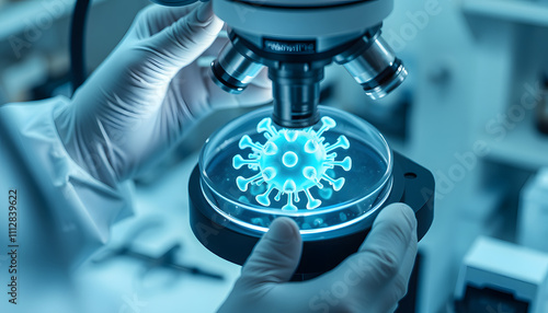 Scientific handling a light stereomicroscope examines a culture in a petri dish for pharmaceutical bioscience research. Concept of science, laboratory and study of diseases. Coronavirus (COVID-19) i photo