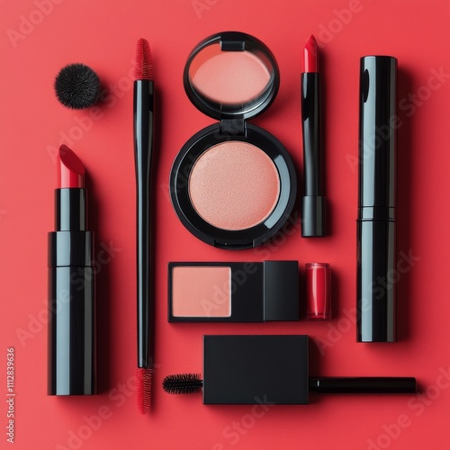 Makeup products arranged on a vibrant red background for a beauty presentation