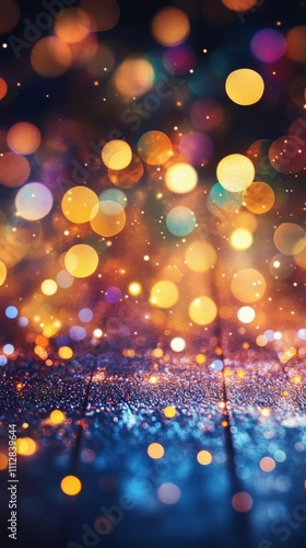 Colorful bokeh lights create a vivid backdrop for celebrations and festive ev...