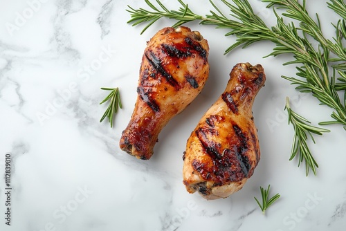 Juicy roasted chicken drumsticks garnished with fresh rosemary on a marble co...