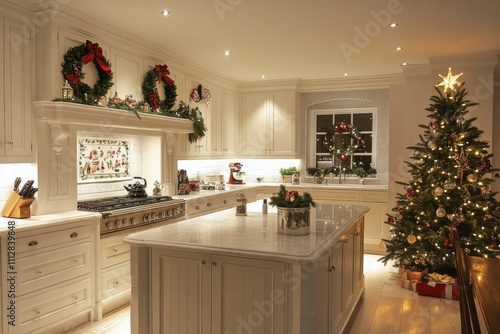 Festive Christmas kitchen with decorations and a beautifully lit tree