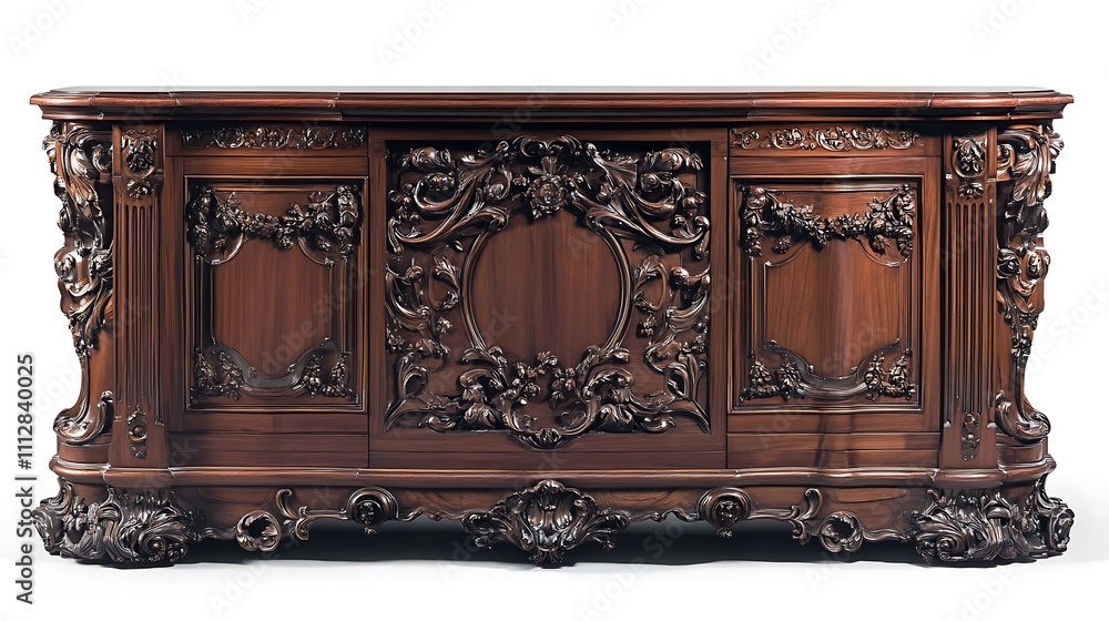 A large wooden desk with intricate carvings and a floral design A large wooden desk with intricate carvings and a floral design