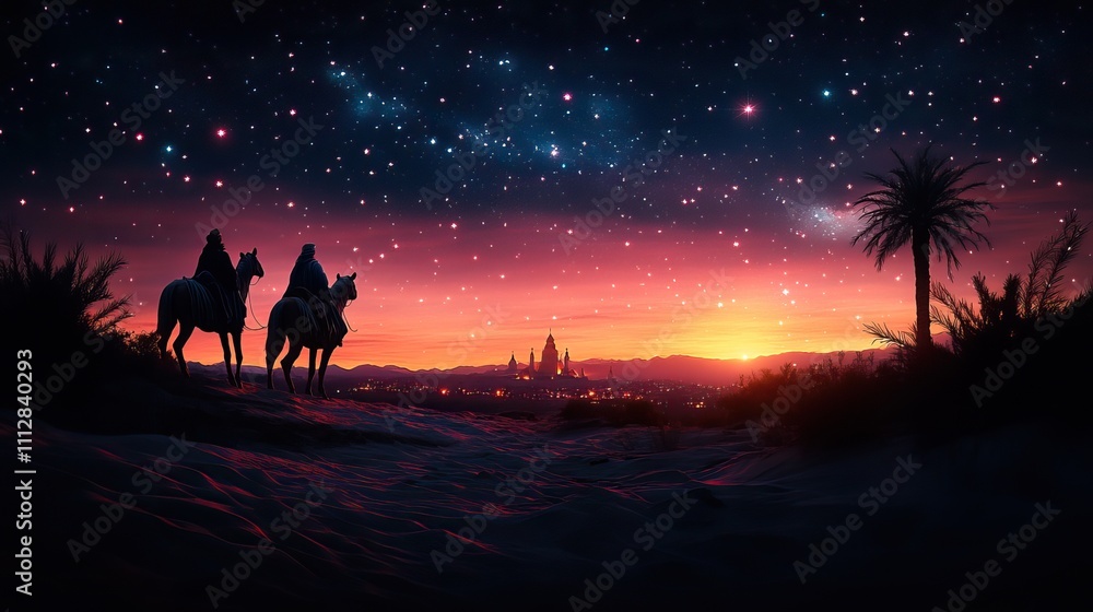 Fototapeta premium the arrival of the three wise men bearing gifts for the infant jesus digital illustration