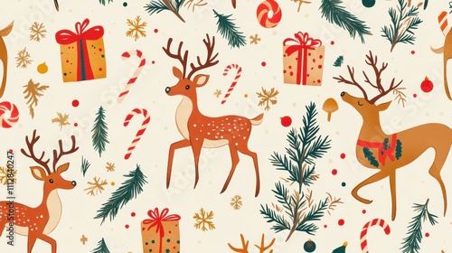 Christmas-themed reindeer pattern design with gifts and candies cozy holiday vibes gigapixel high fidelity art photo