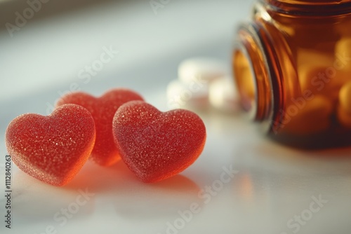 Heart shaped gummies and pills spilling from a bottle on a marble surface