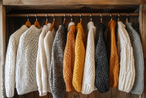 Warm knitted sweaters hanging on a wooden rack in a cozy boutique during autu...