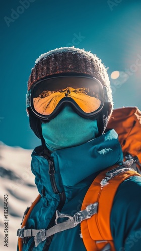 Winter adventure in the mountains with a skier wearing protective gear and vi...