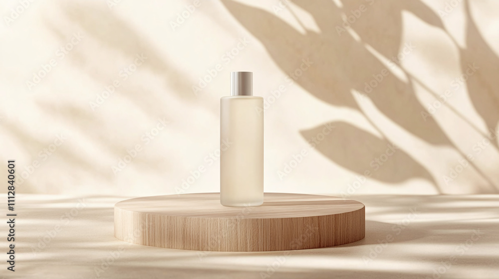 Clear Bottle Displayed on a Wooden Pedestal Against a Soft Background Showcasing Intricate Shadows From Leaves Clear Bottle Displayed on a Wooden Pedestal Against a Soft Background Showcasing Intricate Shadows From Leaves