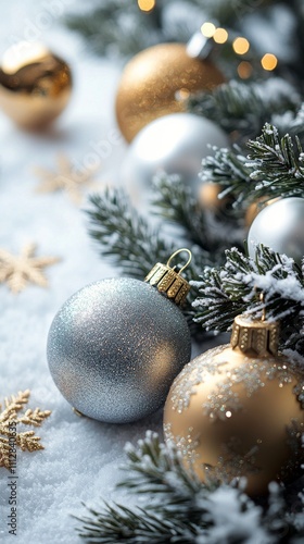 Beautiful holiday ornaments resting on soft snow with a sparkling background