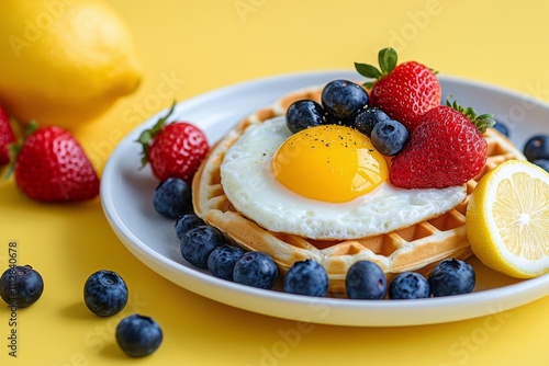 Delicious breakfast featuring a waffle topped with fried egg, fresh berries, ...
