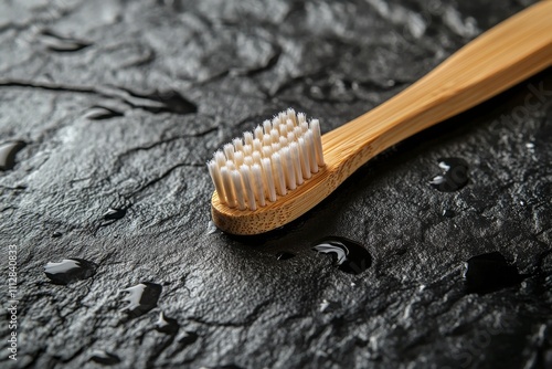 Bamboo toothbrush resting on rocky surface during soft morning light