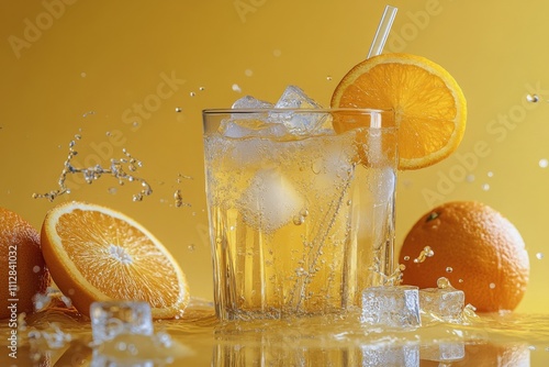 Refreshing citrus drink with ice and fresh oranges on a vibrant yellow backgr...