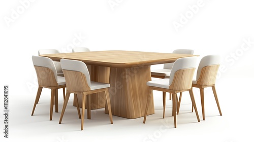 A wooden dining table with six chairs around it