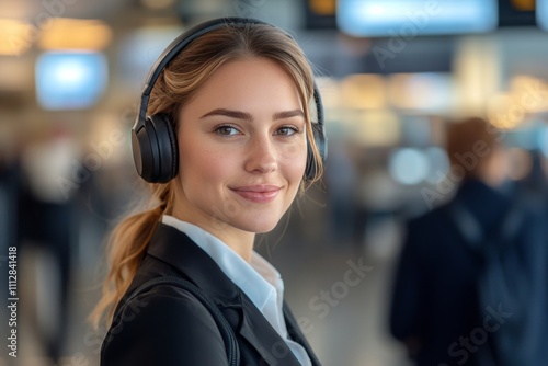 Young woman wearing headphones smiles at a busy airport terminal while waitin...