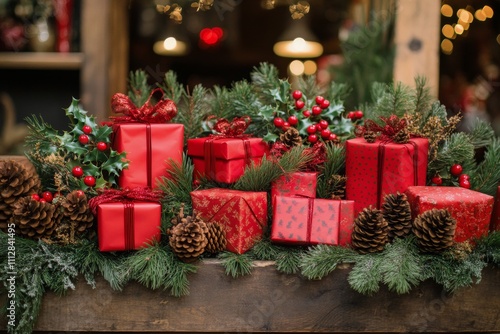 Festive red gifts arranged with greenery and pinecones for holiday celebration