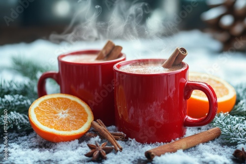 Warm drinks with spices and oranges in a snowy winter setting